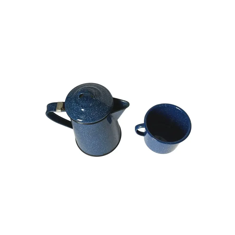 Vintage Blue Speckled Enamel Coffee Pot and Cup (Lid Clasp Attachment Missing)